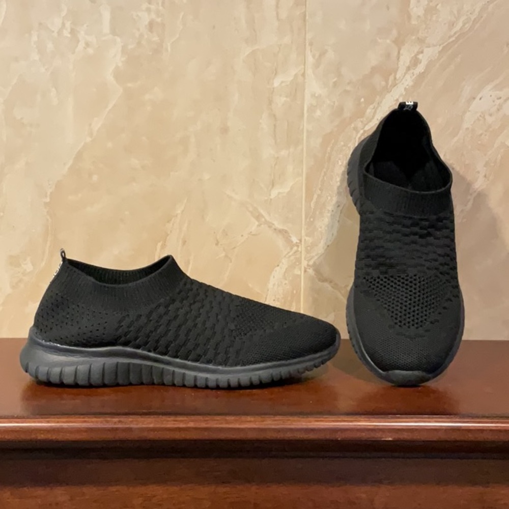 Black Slip-On Sneakers with Knit Upper and Flexible Sole